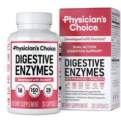 Physician's CHOICE Digestive Enzymes bottle top view supports diverse meals with 16 enzymes.