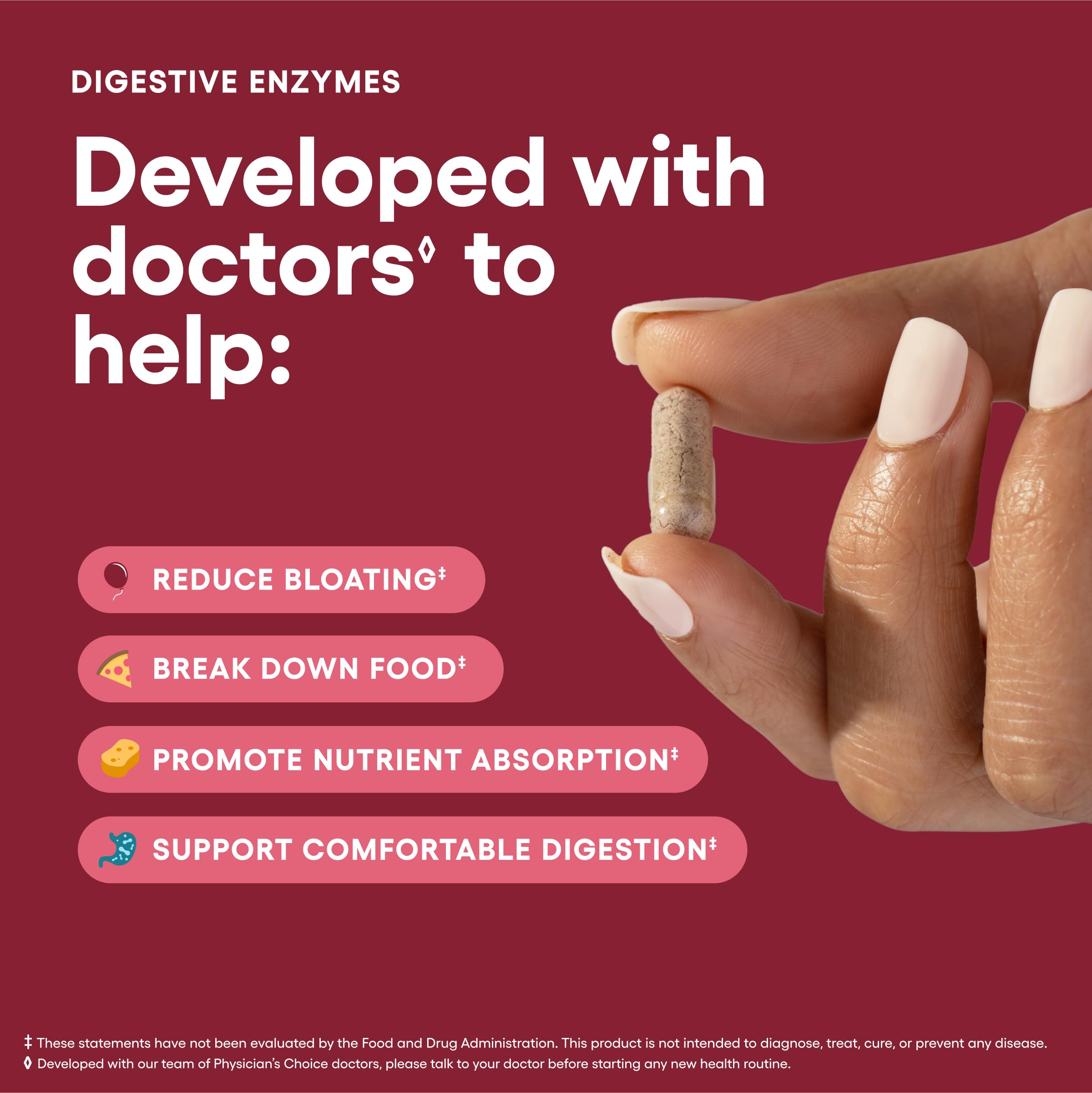 Physician's CHOICE Digestive Enzymes capsules arranged to show easy meal-time use.