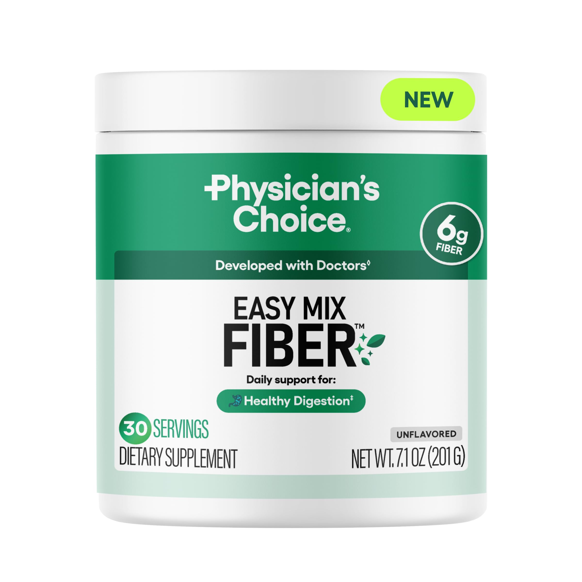 Physician's CHOICE Easy Mix Fiber jar showing unflavored prebiotic powder for daily digestion.