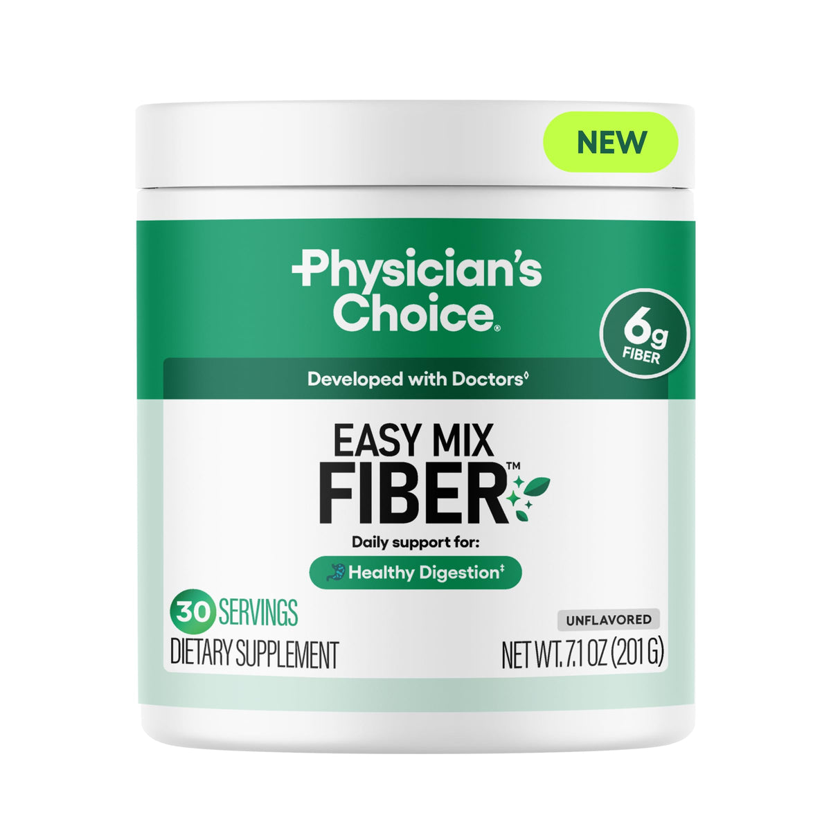 Physician's CHOICE Easy Mix Fiber jar showing unflavored prebiotic powder for daily digestion.