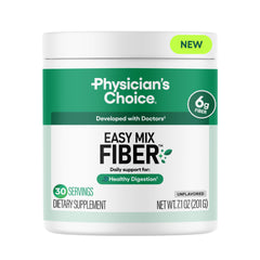Physician's CHOICE Easy Mix Fiber jar showing unflavored prebiotic powder for daily digestion.
