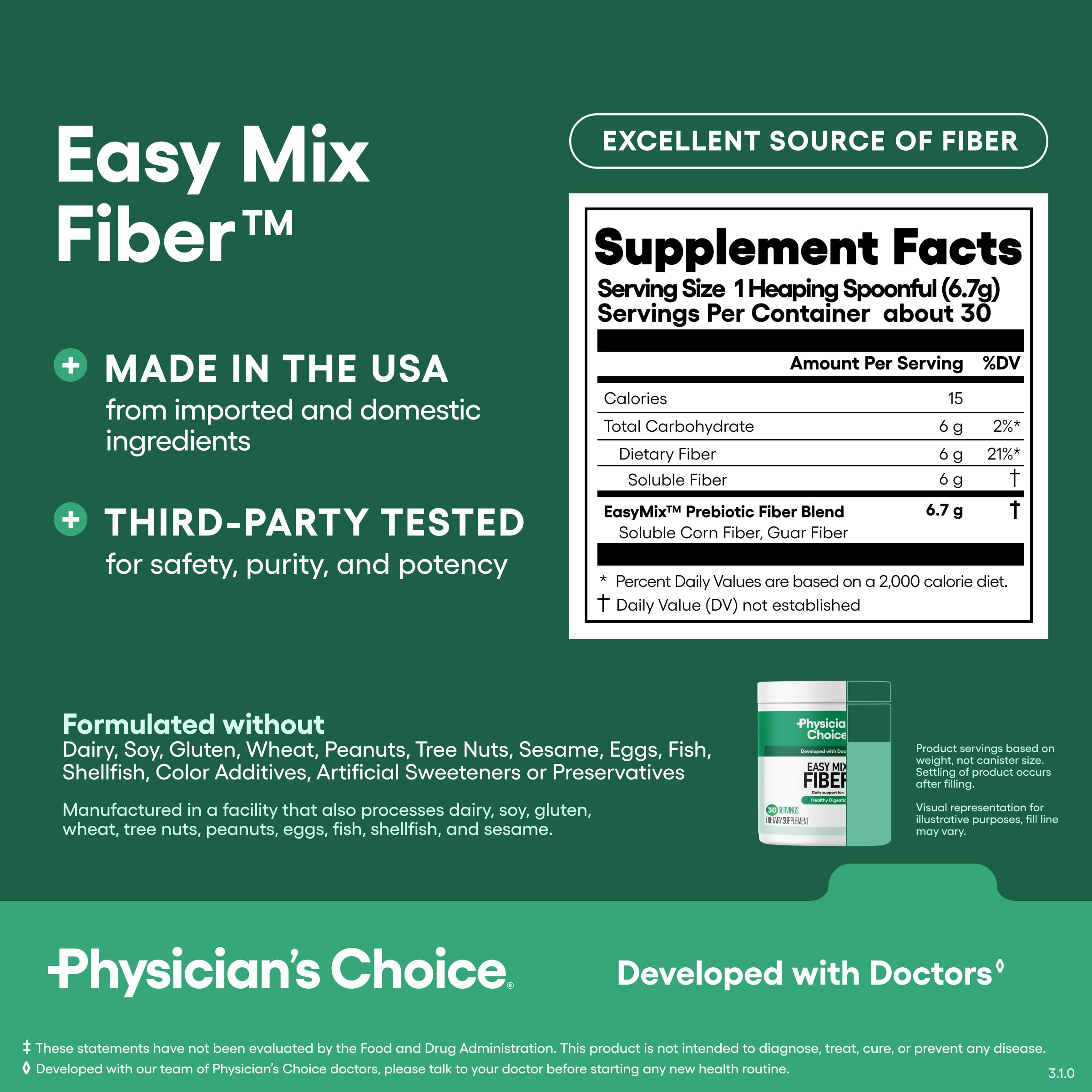 Physician's CHOICE Easy Mix Fiber packaging highlights safety and USA manufacturing.