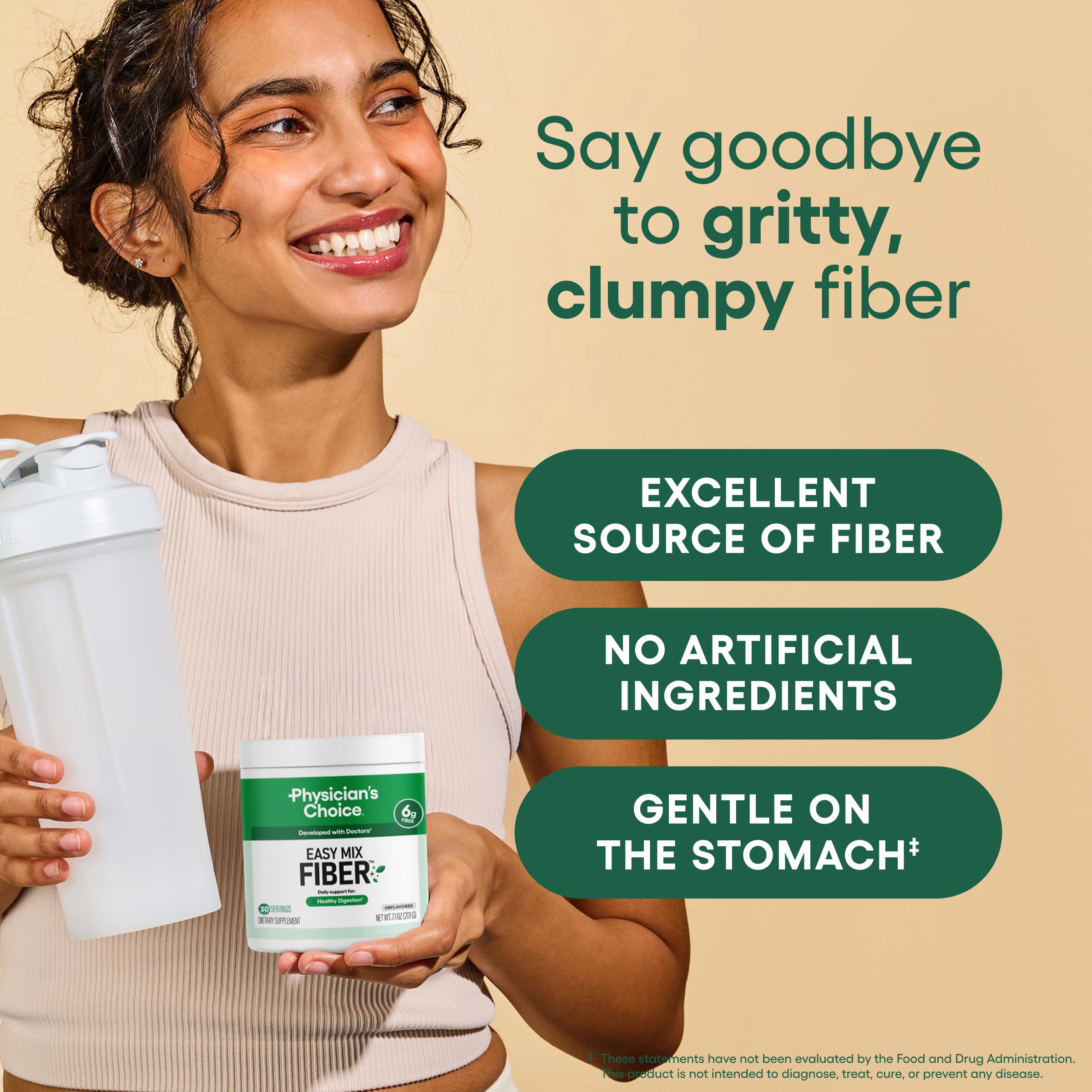 Physician's CHOICE Easy Mix Fiber scoop measuring six grams of prebiotic fiber per serving.