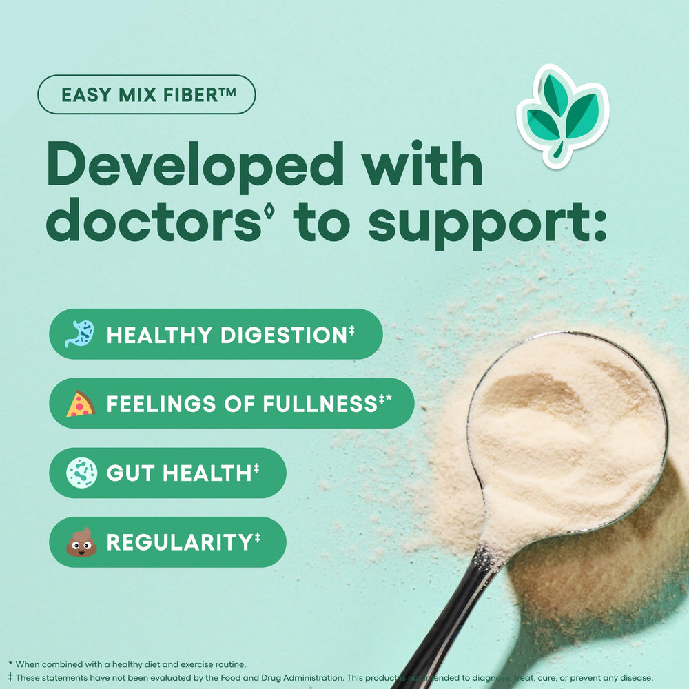 Physician's Choice Easy Mix Fiber scoop highlights powder texture and tasteless formula