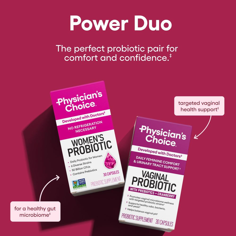 Physician's CHOICE Feminine Power Duo capsule closeup highlighting daily capsules for feminine health.