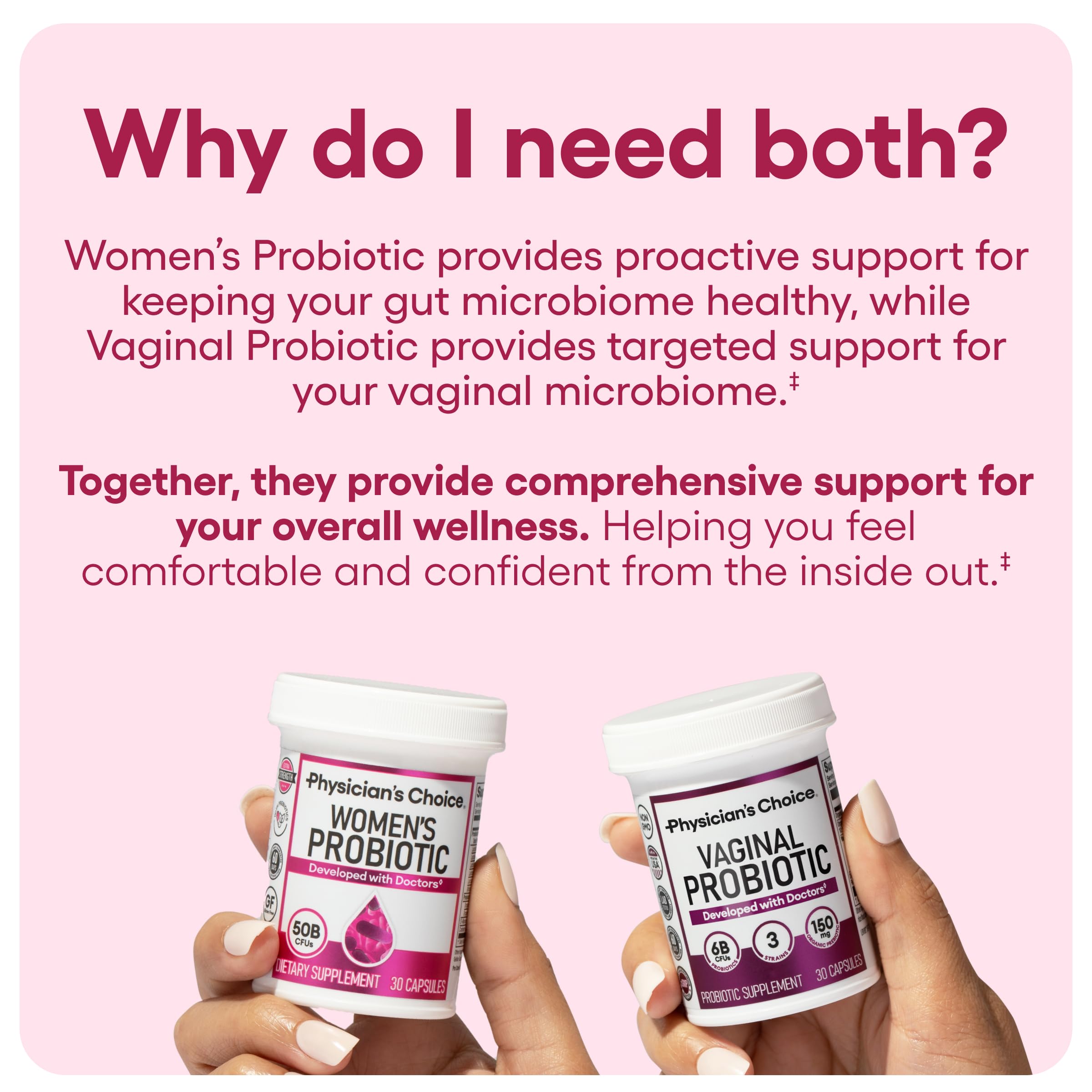 Physician's CHOICE Feminine Power Duo label detail showing 50B CFU and six strains.