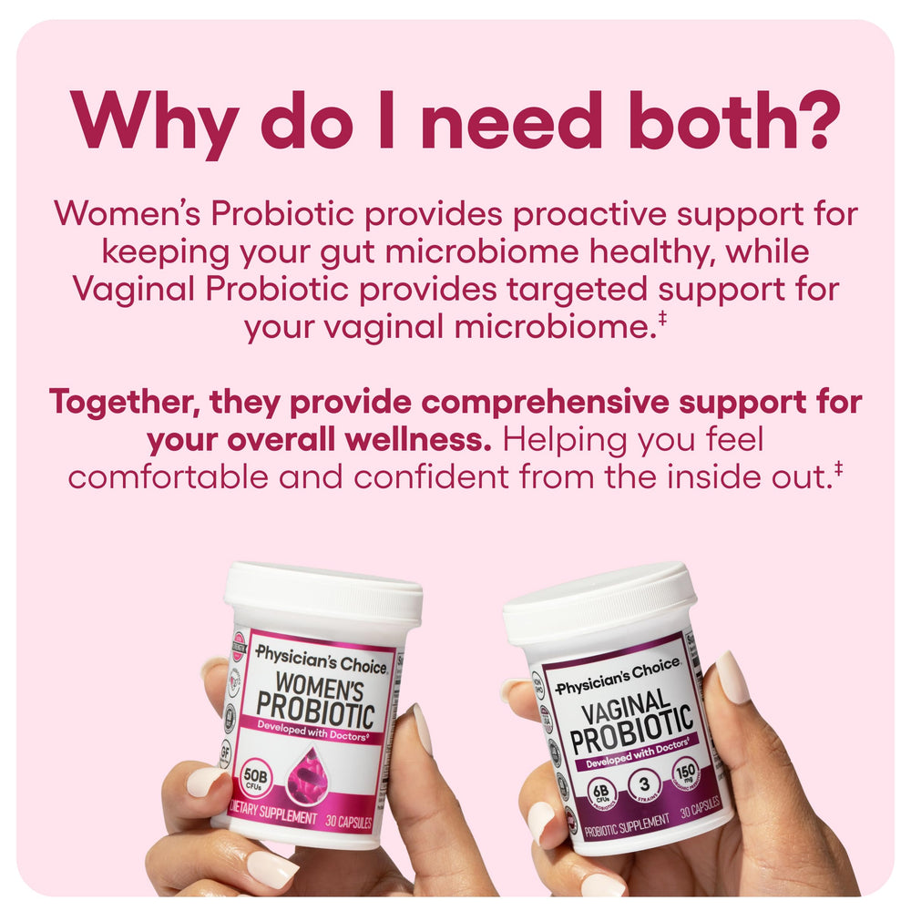 Physician's CHOICE Feminine Power Duo label detail showing 50B CFU and six strains.