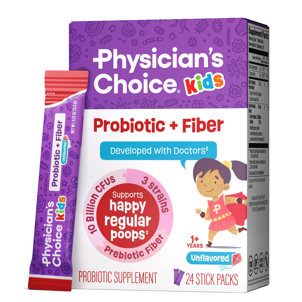 Physician's CHOICE Kids Probiotic Packets box shown for daily gut support.