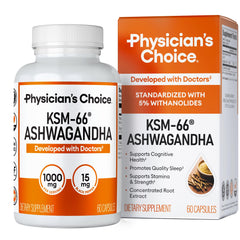 Physician's CHOICE KSM-66 bottle close-up, 1000 mg strength for daily stress support