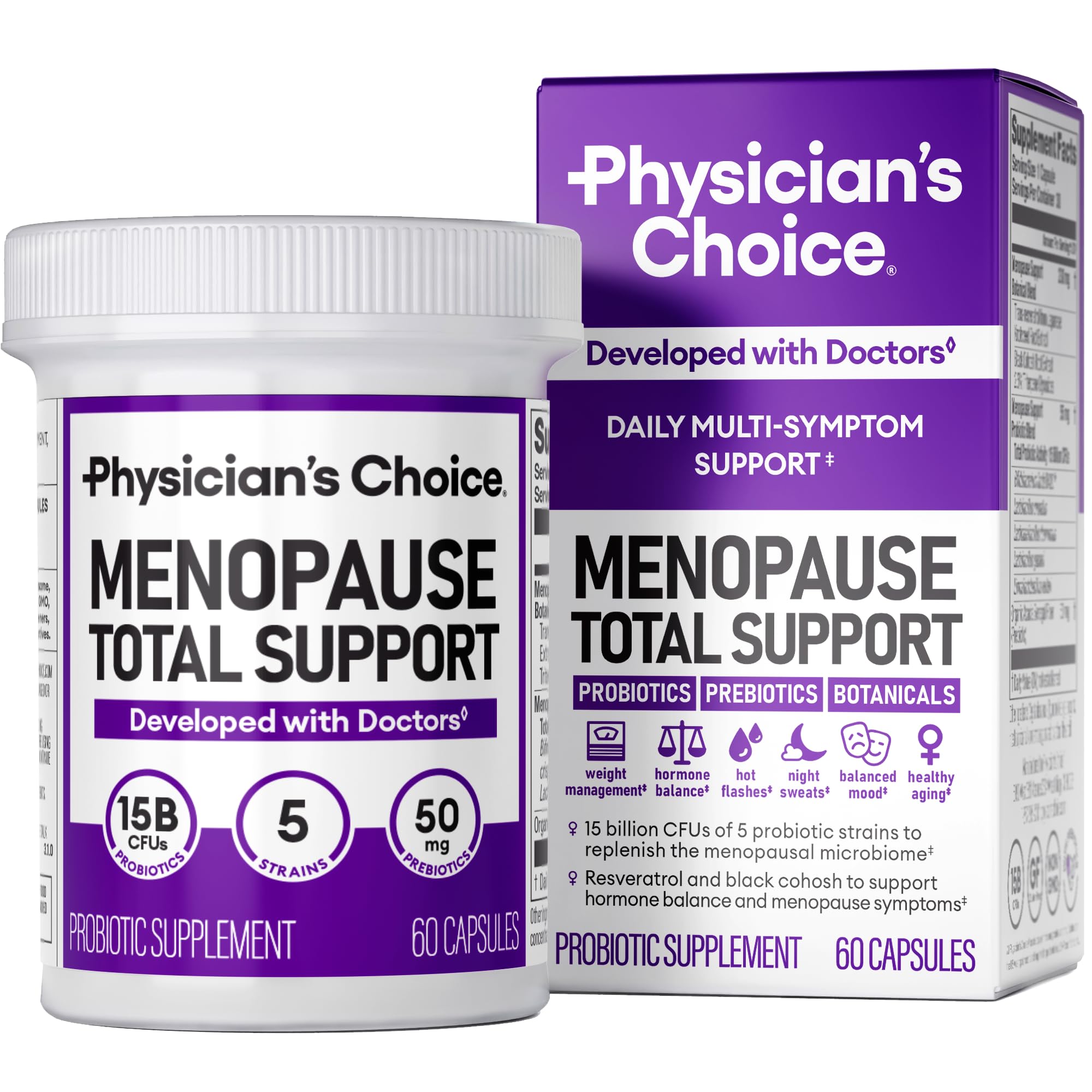 Physician's CHOICE menopause probiotic bottle front — supports hormonal balance and gut comfort.