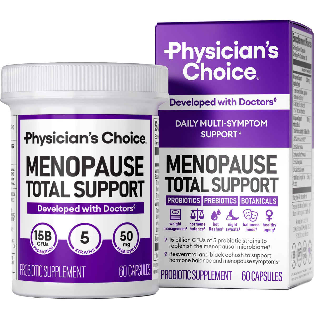 Physician's CHOICE menopause probiotic bottle front — supports hormonal balance and gut comfort.