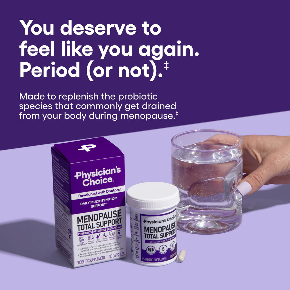Physician's CHOICE menopause probiotic capsules close-up showing targeted strains.