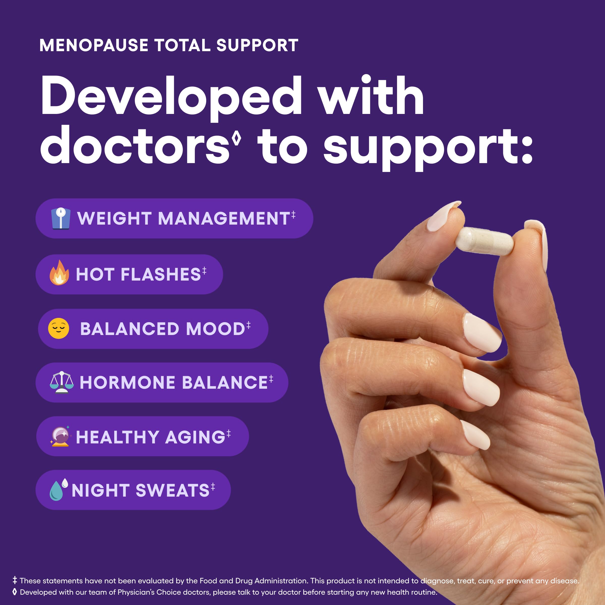 Physician's CHOICE menopause probiotic capsules ready for daily routine and gut health