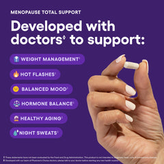 Physician's CHOICE menopause probiotic label detail highlights 3-in-1 wellness.