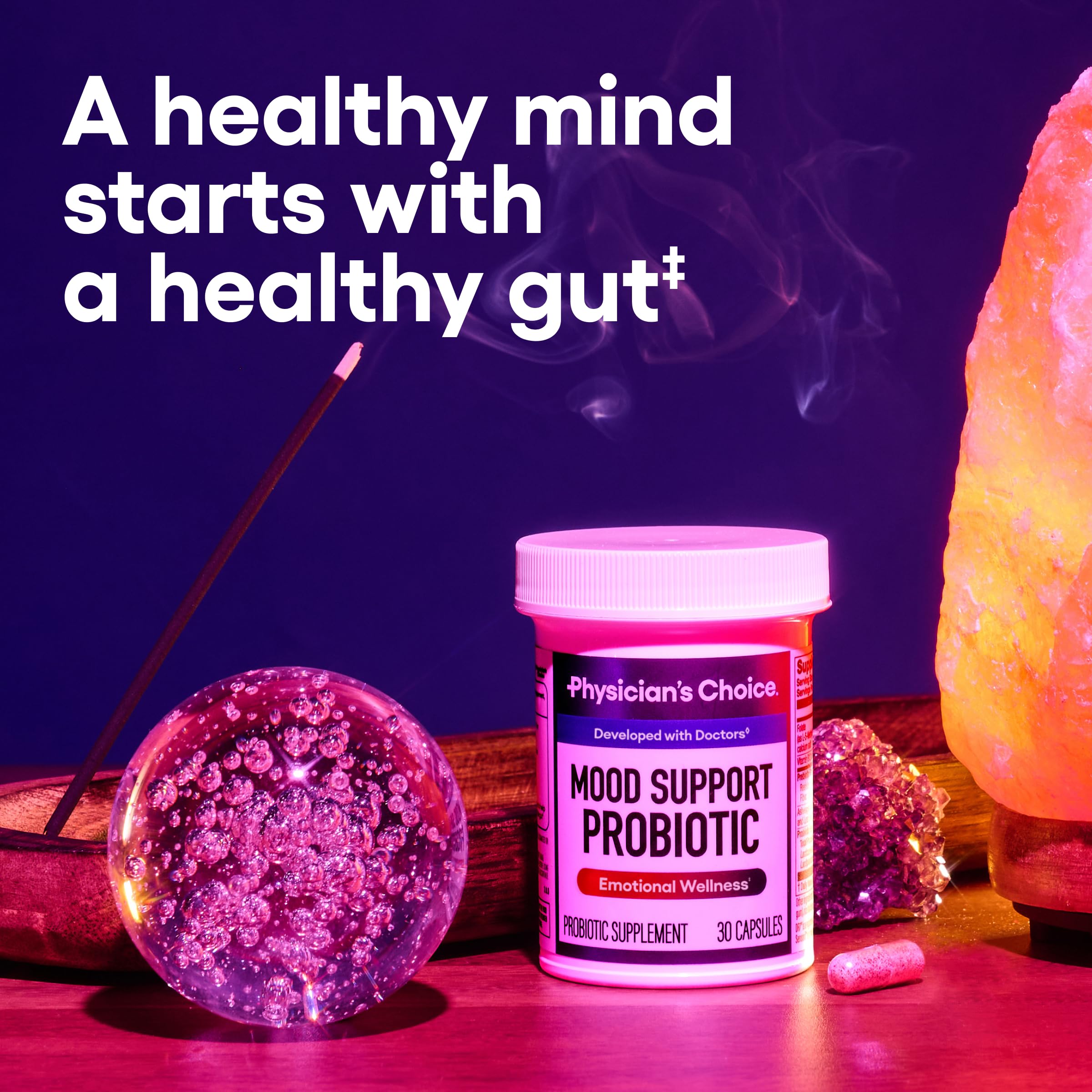 Physician's CHOICE Mood Probiotic capsules shown and easy to swallow