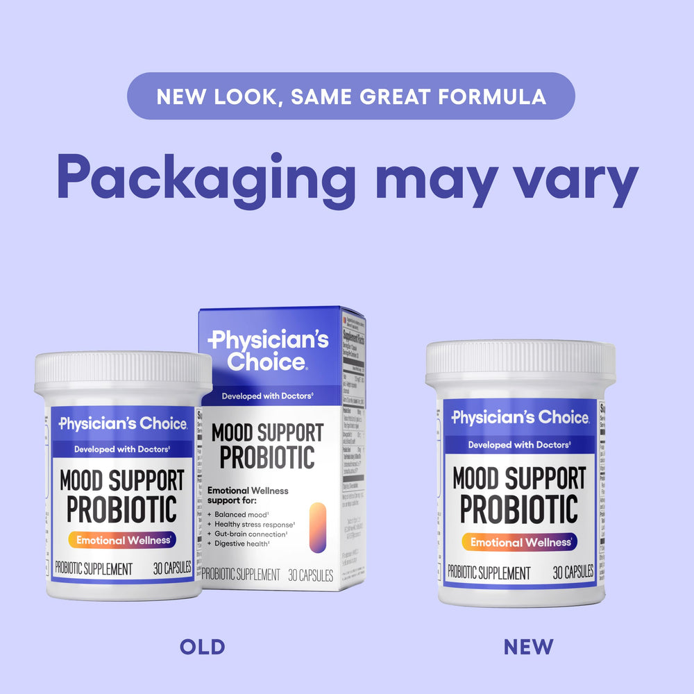 Physician's CHOICE Mood Probiotic packaging emphasizes quality and USA manufacturing