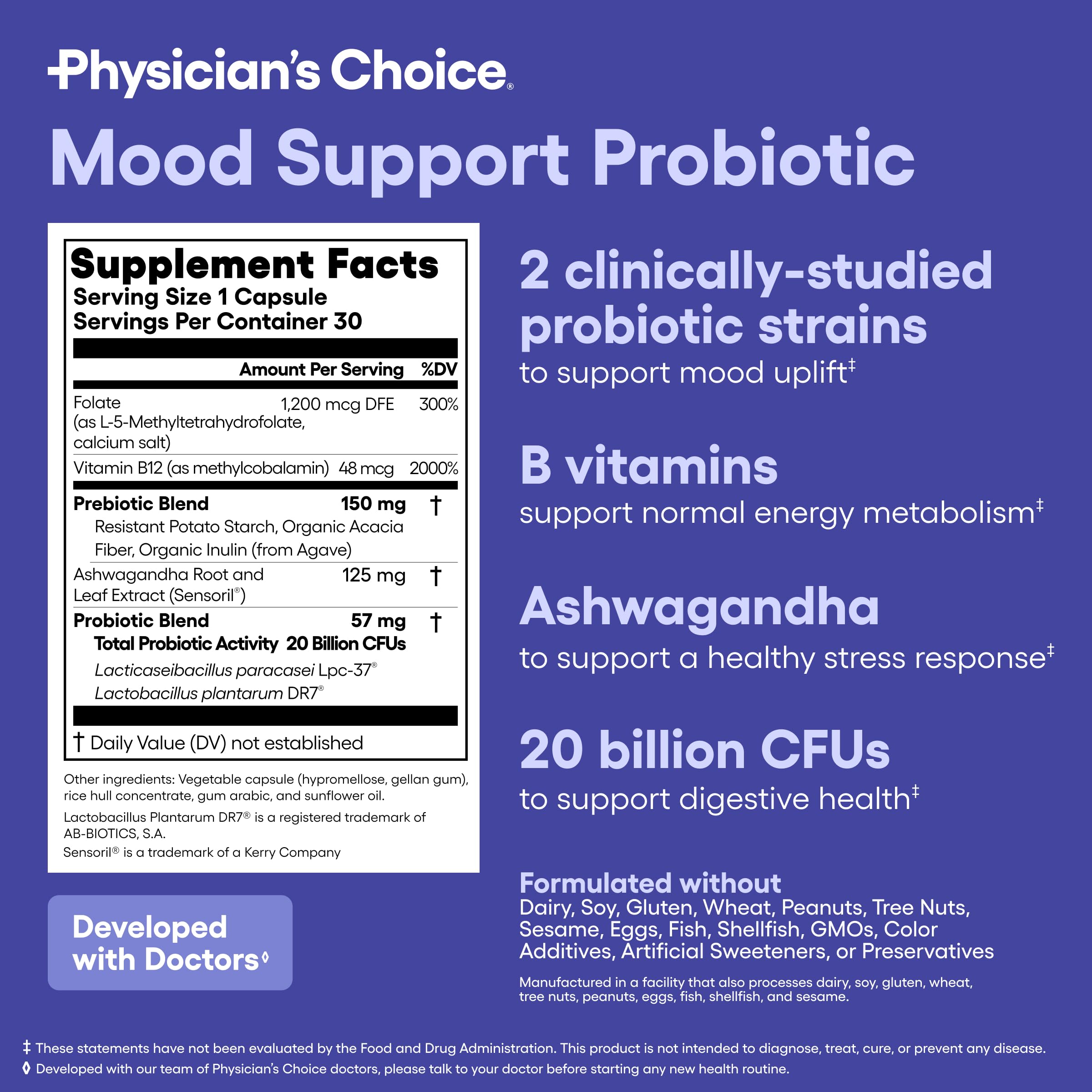Physician's CHOICE Mood Probiotic prebiotics shown supporting digestion