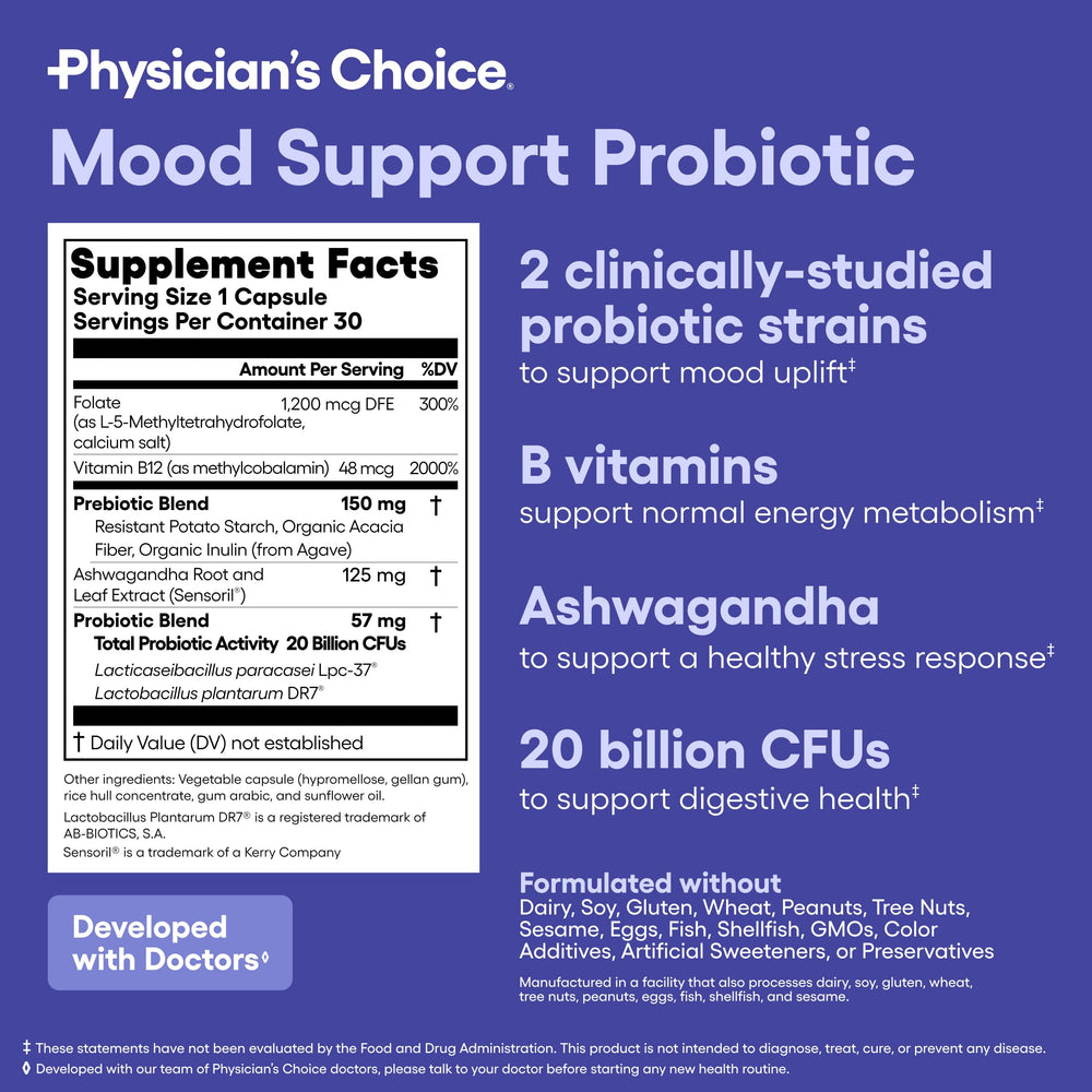 Physician's CHOICE Mood Probiotic prebiotics shown supporting digestion