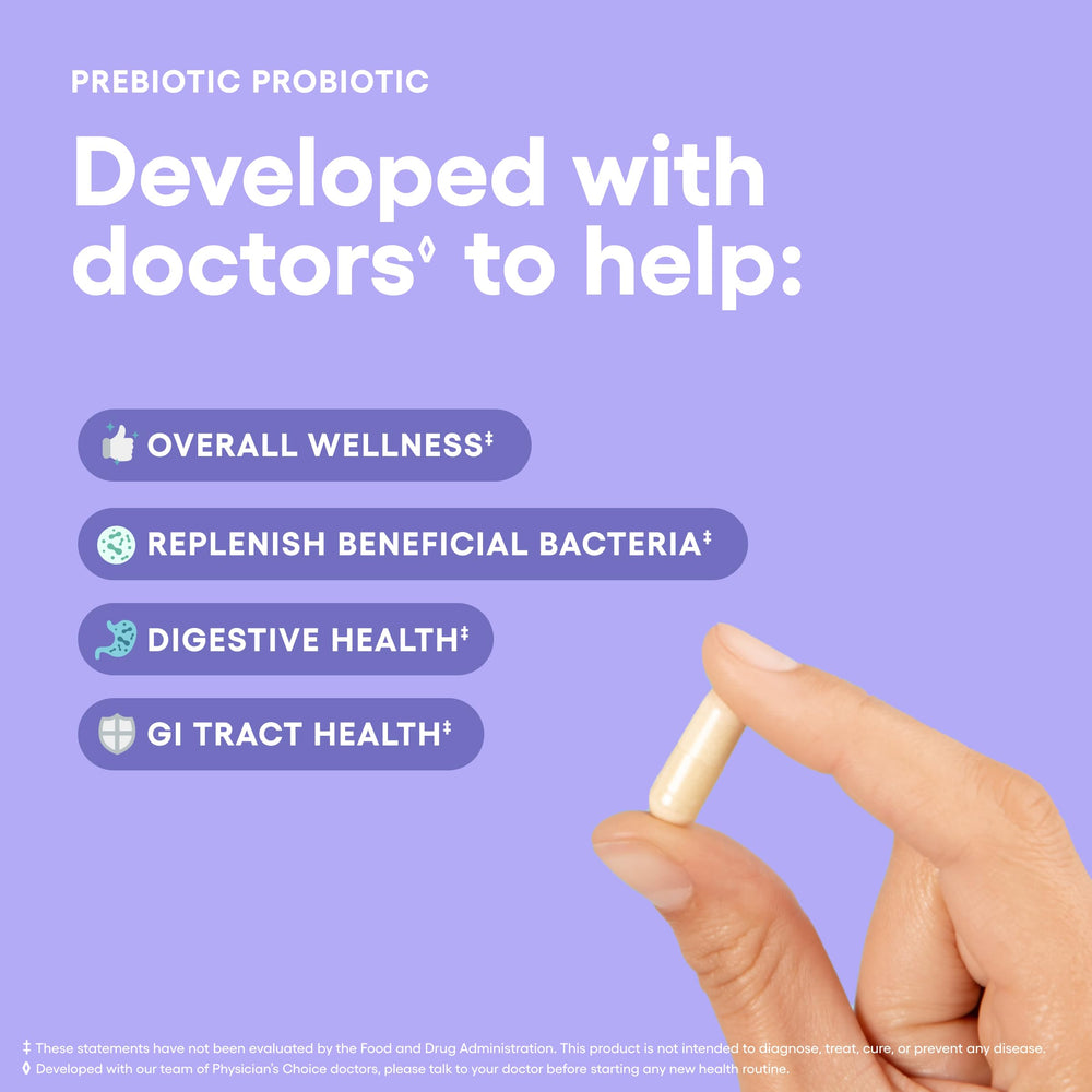 Physician's CHOICE bottle back view showing ingredients and dosage guidance.