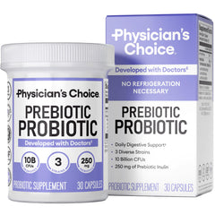 Physician's CHOICE prebiotic-probiotic bottle front view highlighting bottle design and intent.