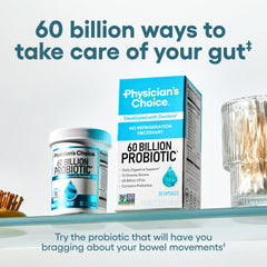 Physician's CHOICE Probiotics 10 strains label, emphasizing diverse probiotic blend for gut balance.