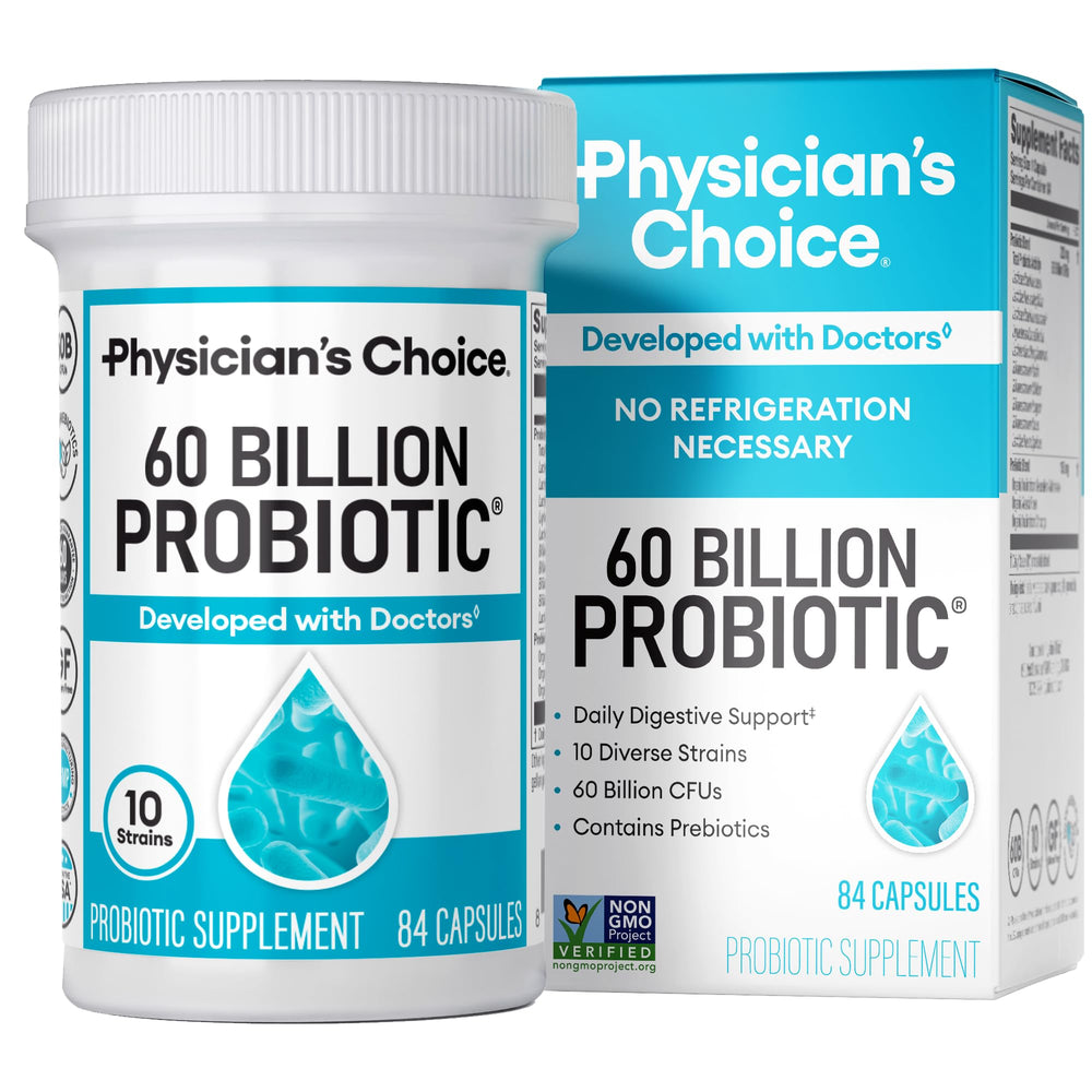 Physician's CHOICE Probiotics bottle front showing 60B CFU for digestive support.