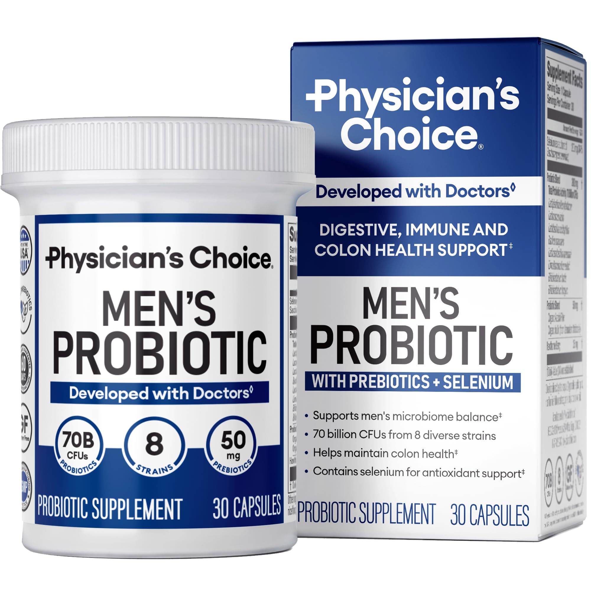 Physician's Choice Probiotics for Men bottle and capsules promoting digestive balance.