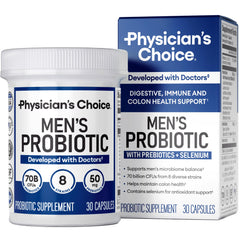 Physician's Choice Probiotics for Men bottle and capsules promoting digestive balance.
