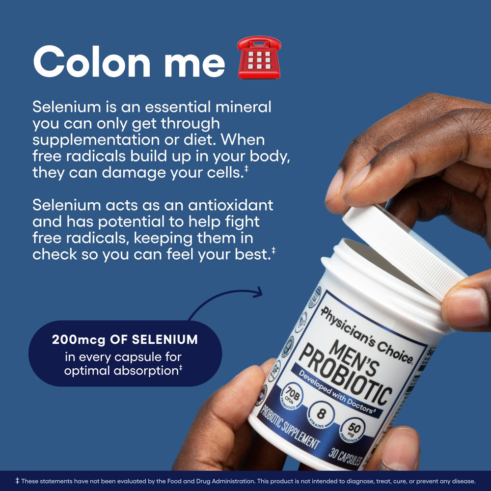 Physician's Choice Probiotics for Men capsules shown with microbiome-friendly formulation.
