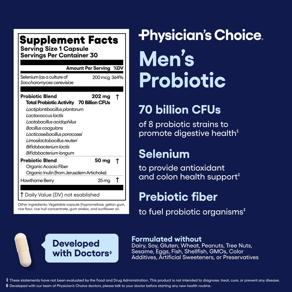Physician's Choice Probiotics for Men packaging signals quality and US manufacturing.