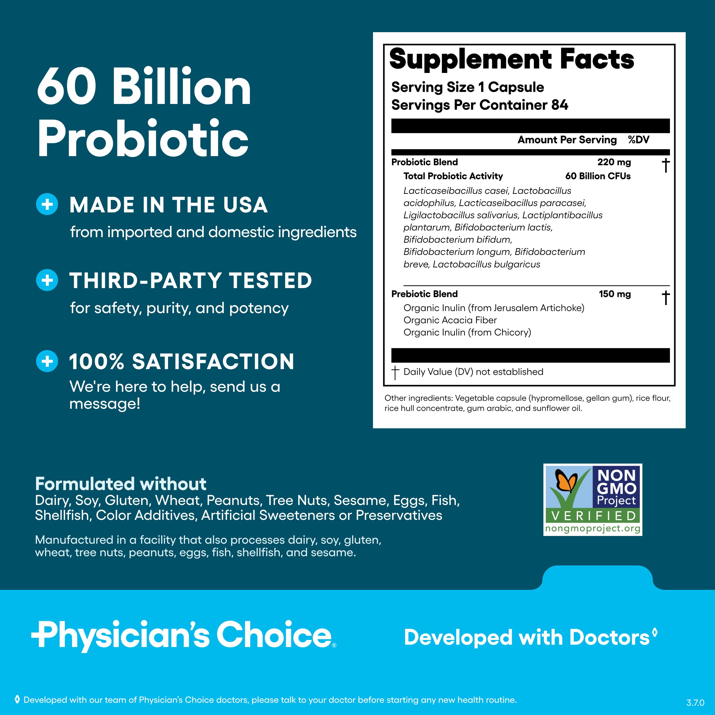Graphic of Physician's CHOICE 10 strains and organic prebiotics.
