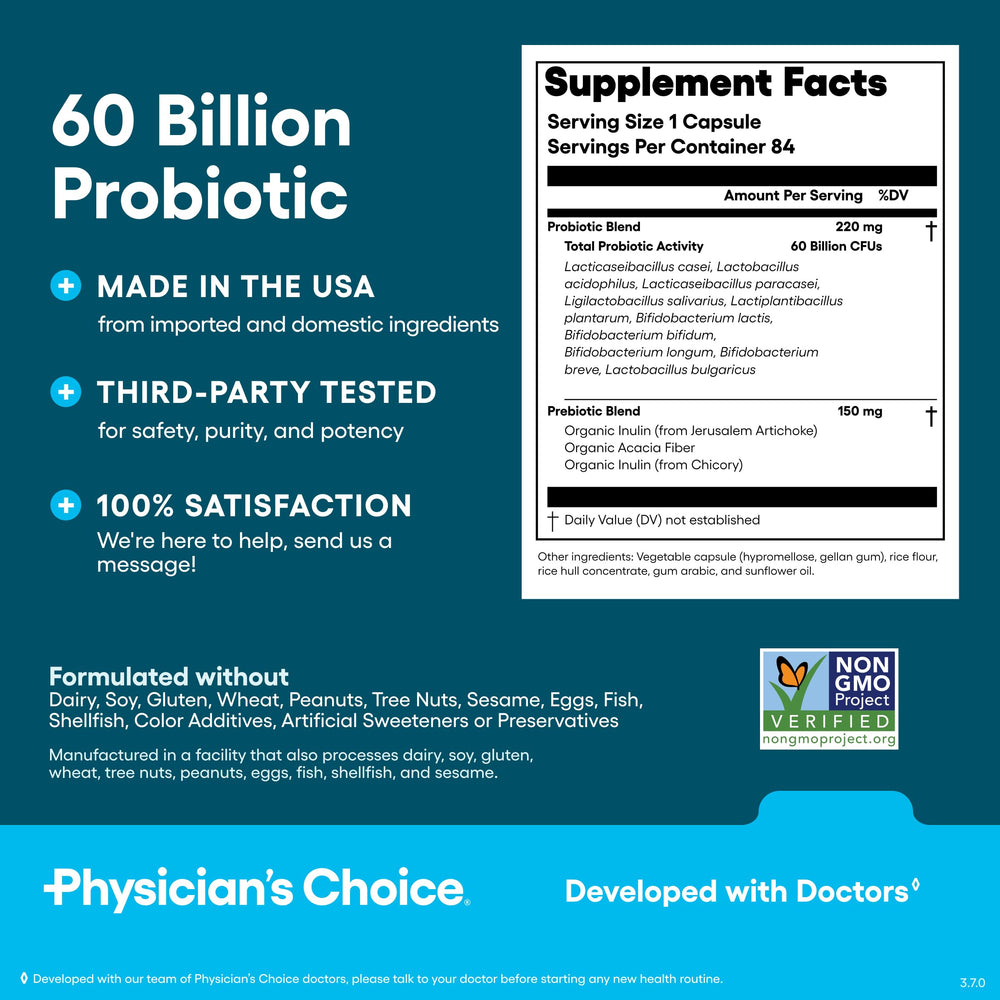 Graphic of Physician's CHOICE 10 strains and organic prebiotics.