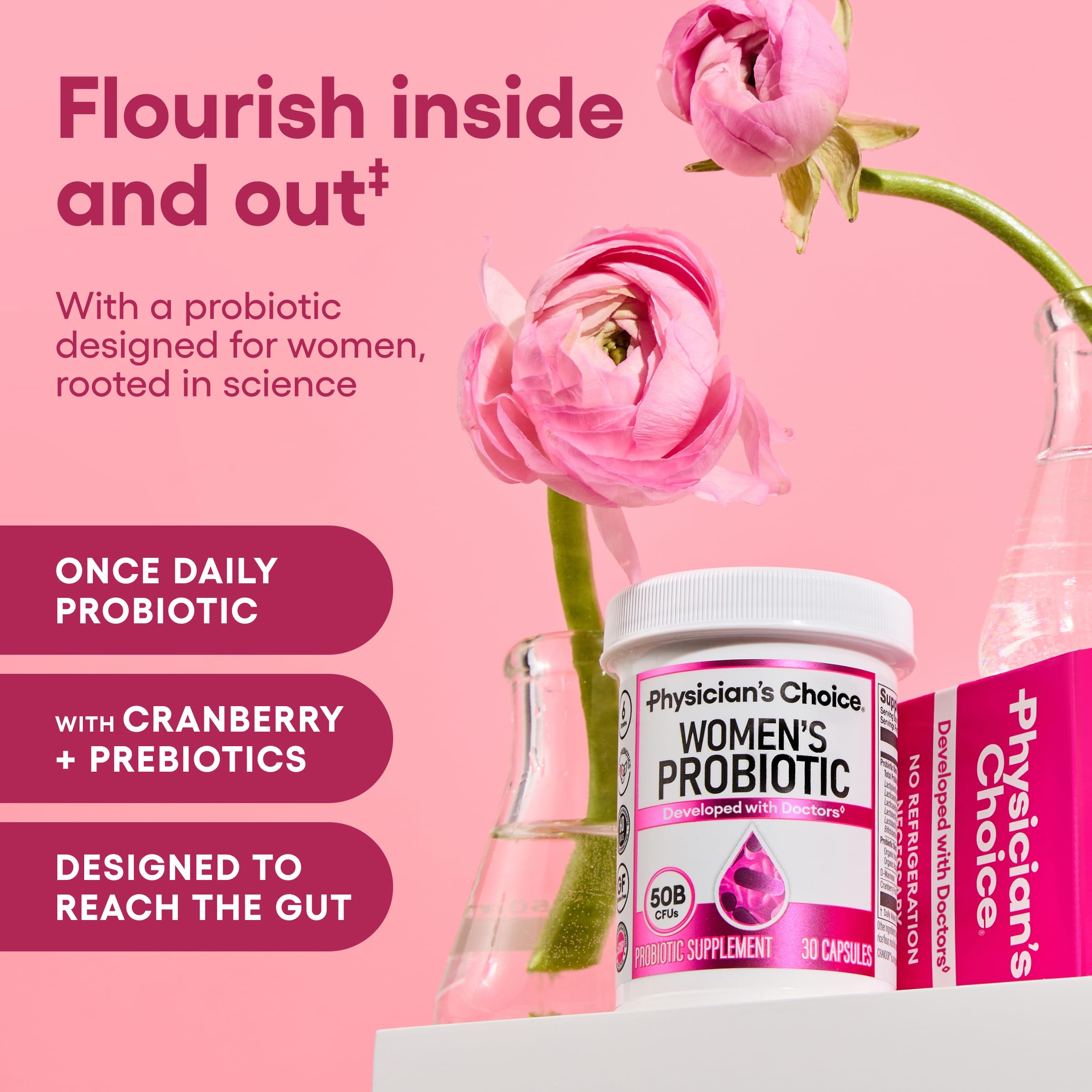 Physician's Choice probiotic capsules inside bottle ready for daily use