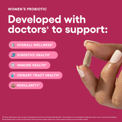 Physician's Choice Probiotics for Women label graphic highlights six targeted strains.