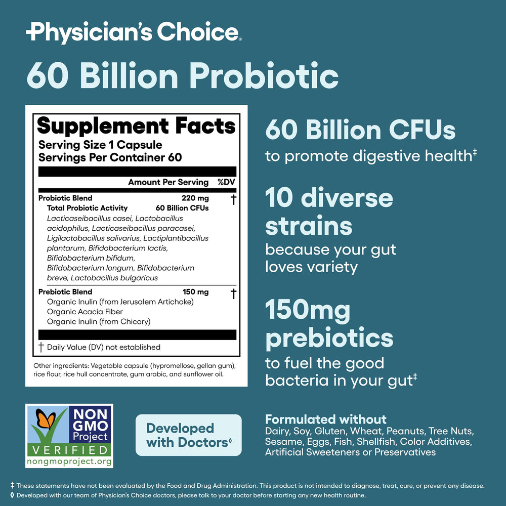 Physician's CHOICE Probiotics manufacturing label, USA-made with strict quality control.