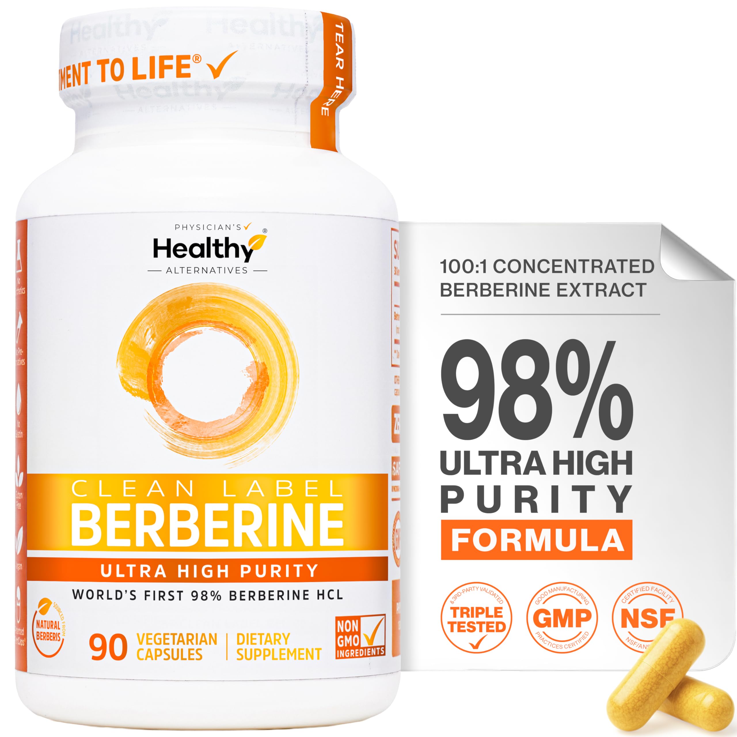 Physician's Healthy Alternatives Clean Label Berberine bottle clearly shows purity and transparent labeling.