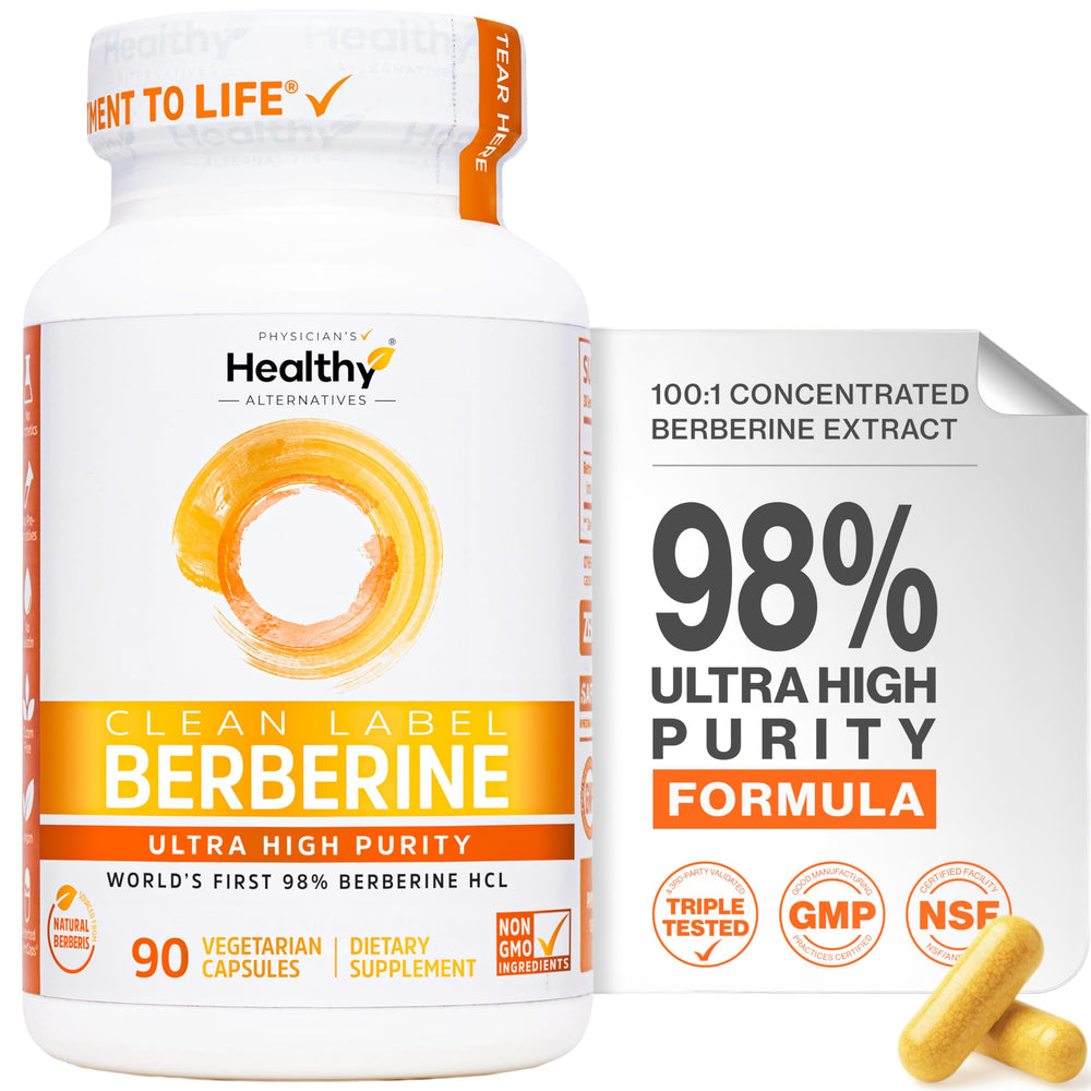 Physician's Healthy Alternatives Clean Label Berberine bottle clearly shows purity and transparent labeling.