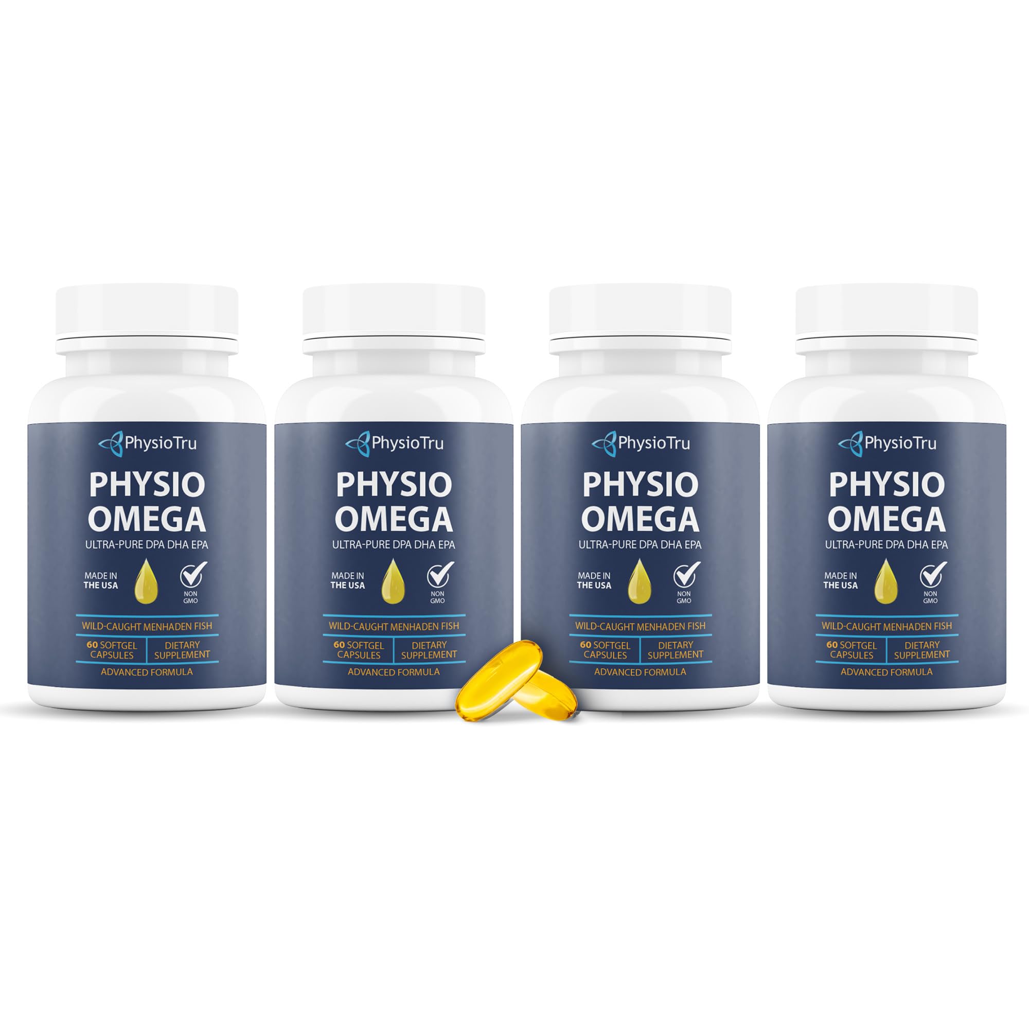 Physio Omega bottle on table with citrus-flavored softgels for daily vitality.