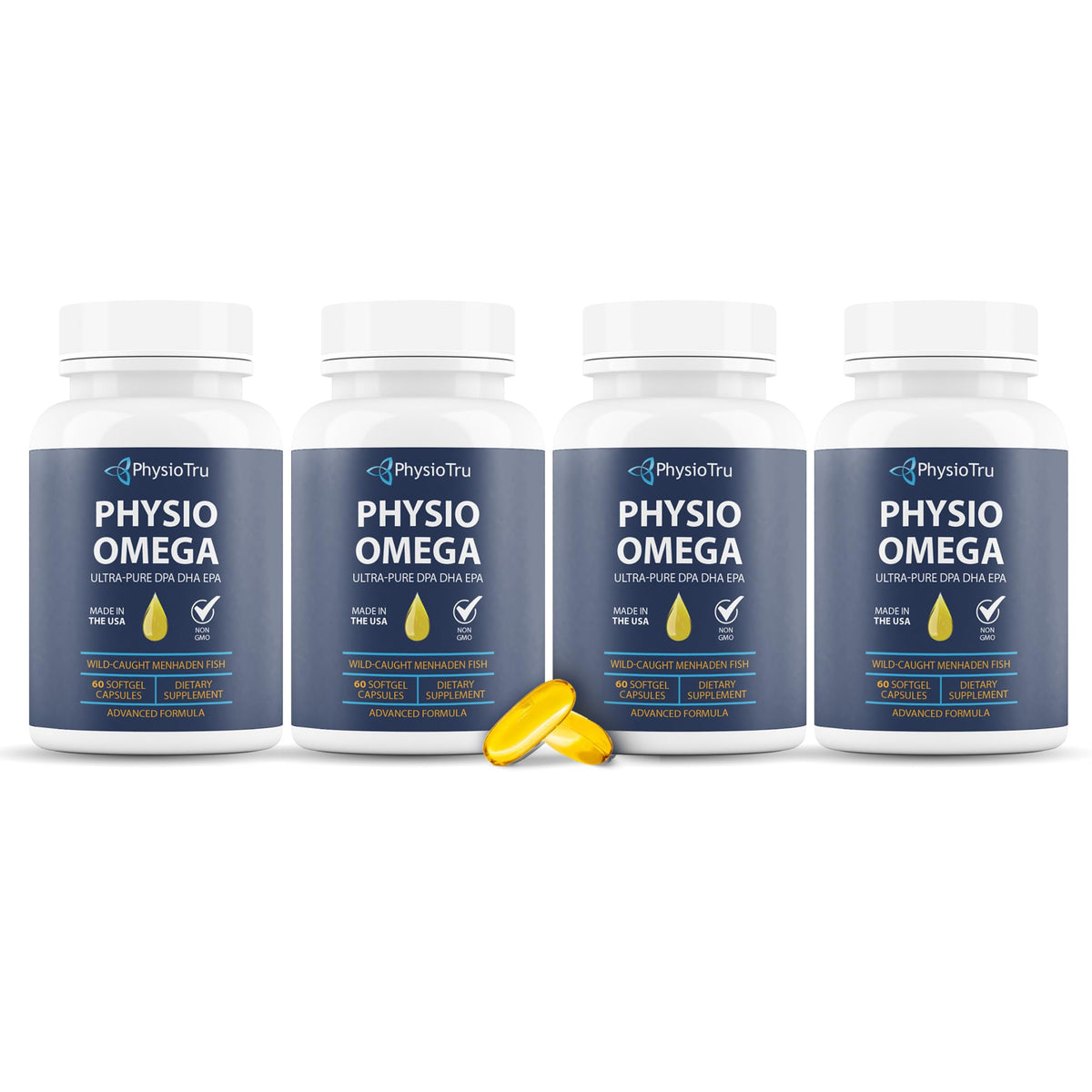 Physio Omega bottle on table with citrus-flavored softgels for daily vitality.