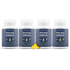 Physio Omega bottle on table with citrus-flavored softgels for daily vitality.