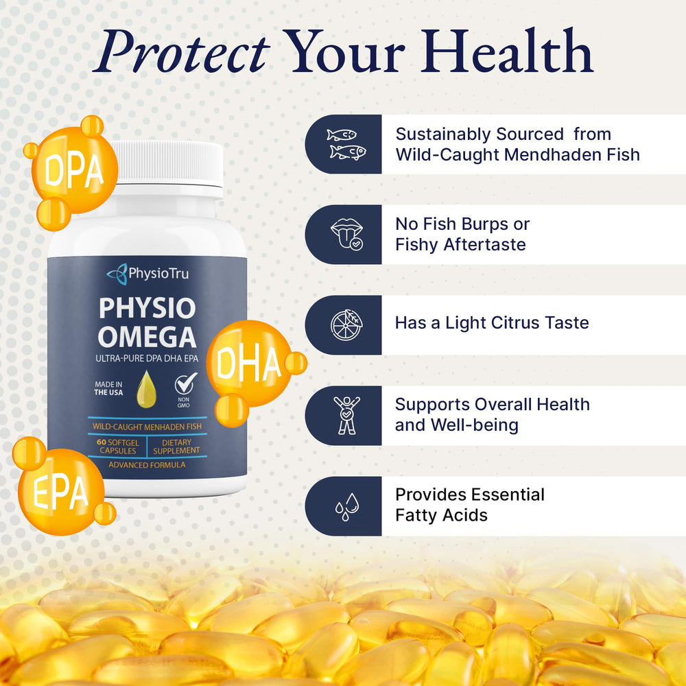 Sustainability seal on Physio Omega packaging supports eco-friendly sourcing.