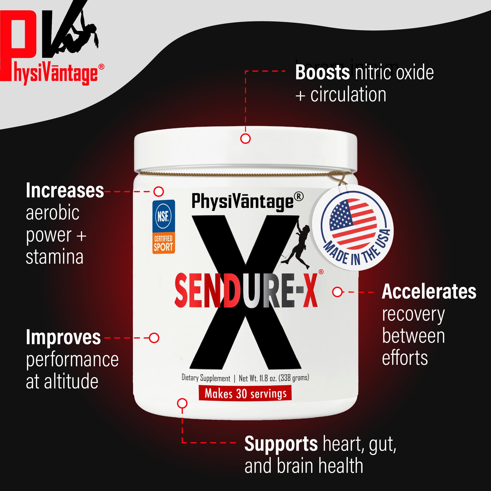 PhysiVantage Sendure-X scoop measuring a pre-workout dose.