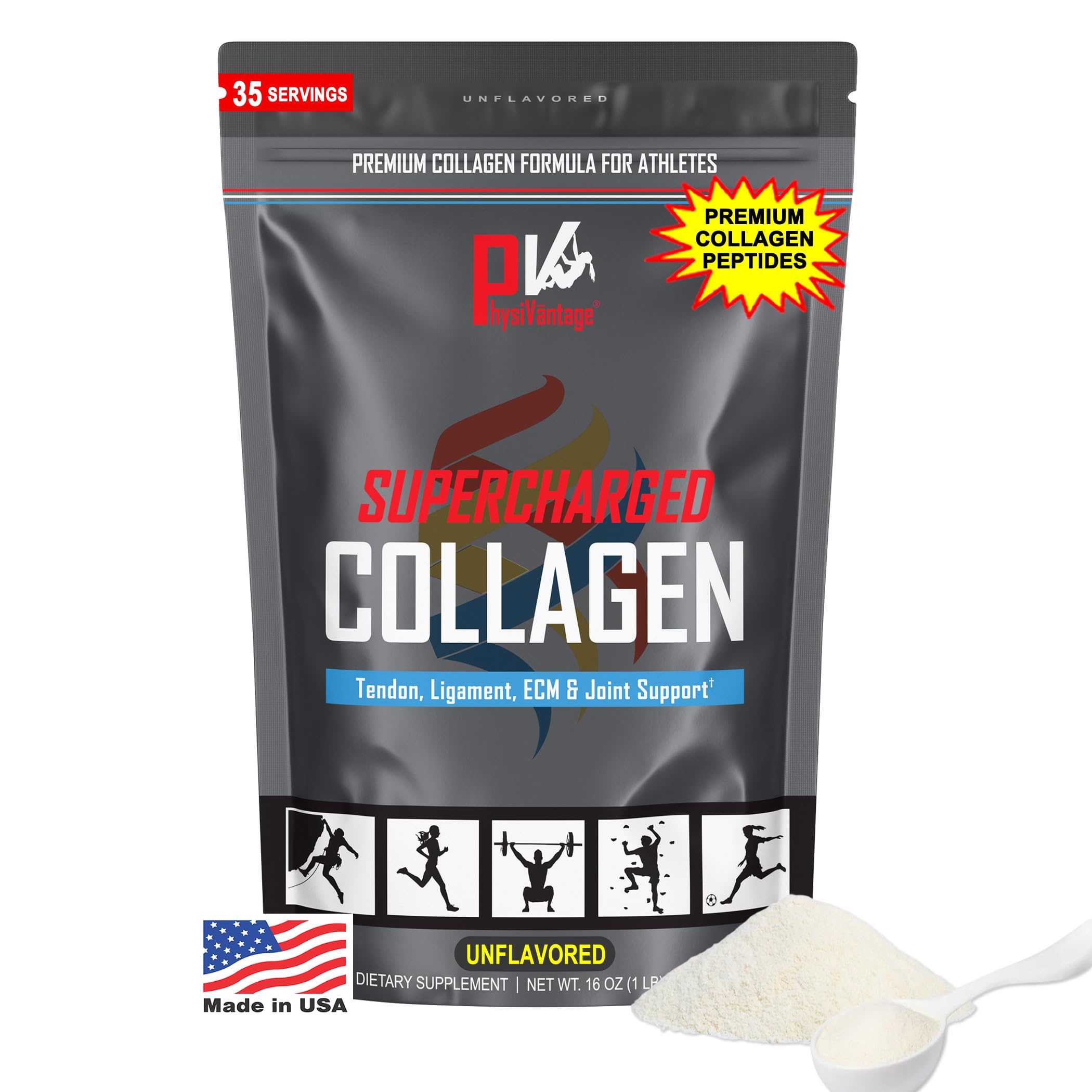 PhysiVantage Supercharged Collagen Powder tub shown for daily wellness use.