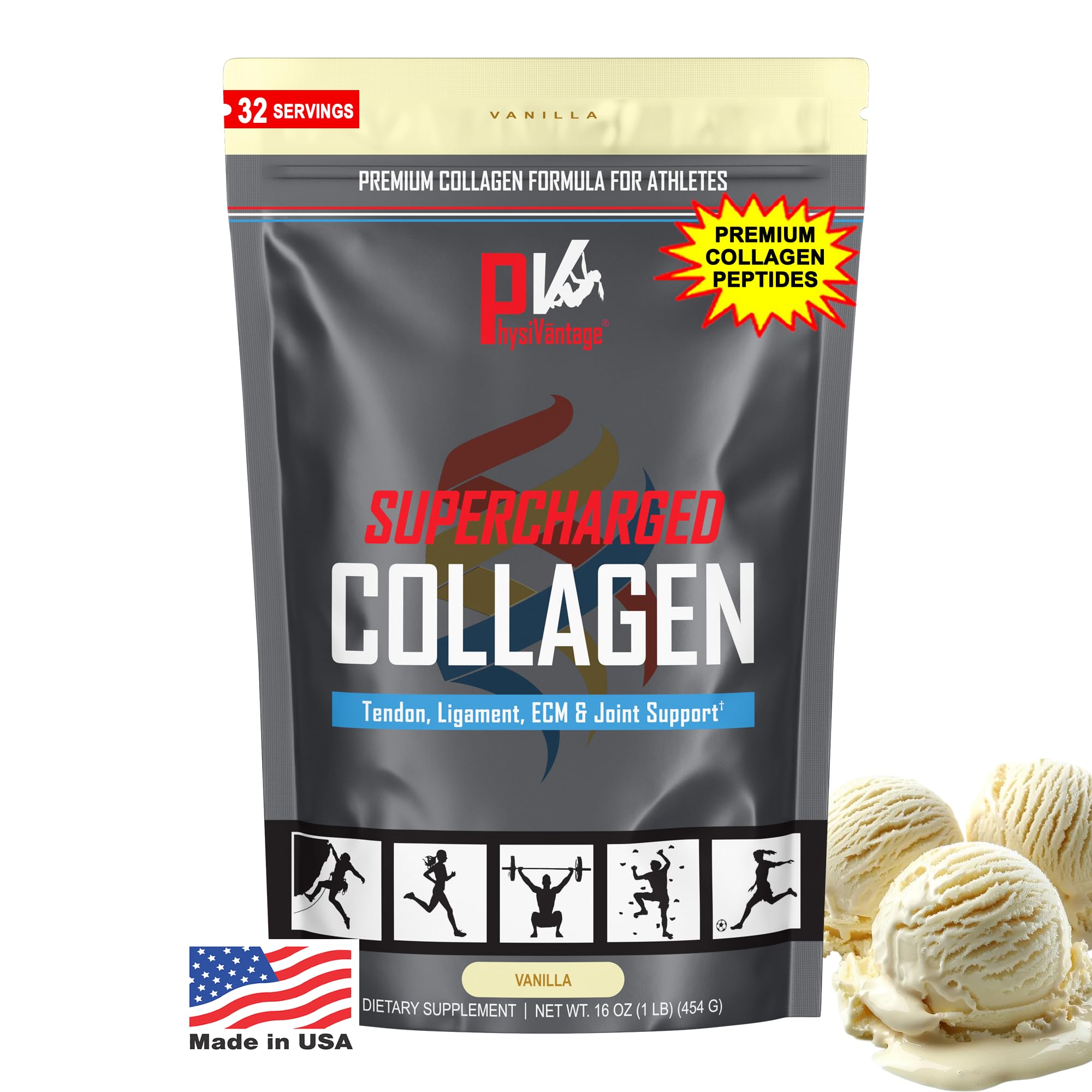 PhysiVantage Supercharged Collagen Vanilla packaging shows space-saving, travel-friendly pouch for on-the-go nutrition.