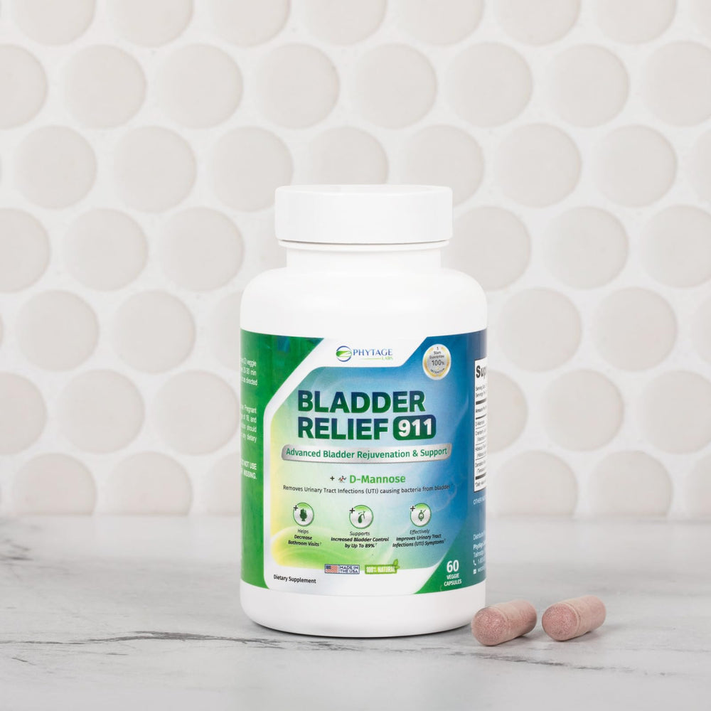 Phytage Labs Bladder Relief 911 capsules-closeup highlighting soft veggie capsules.
