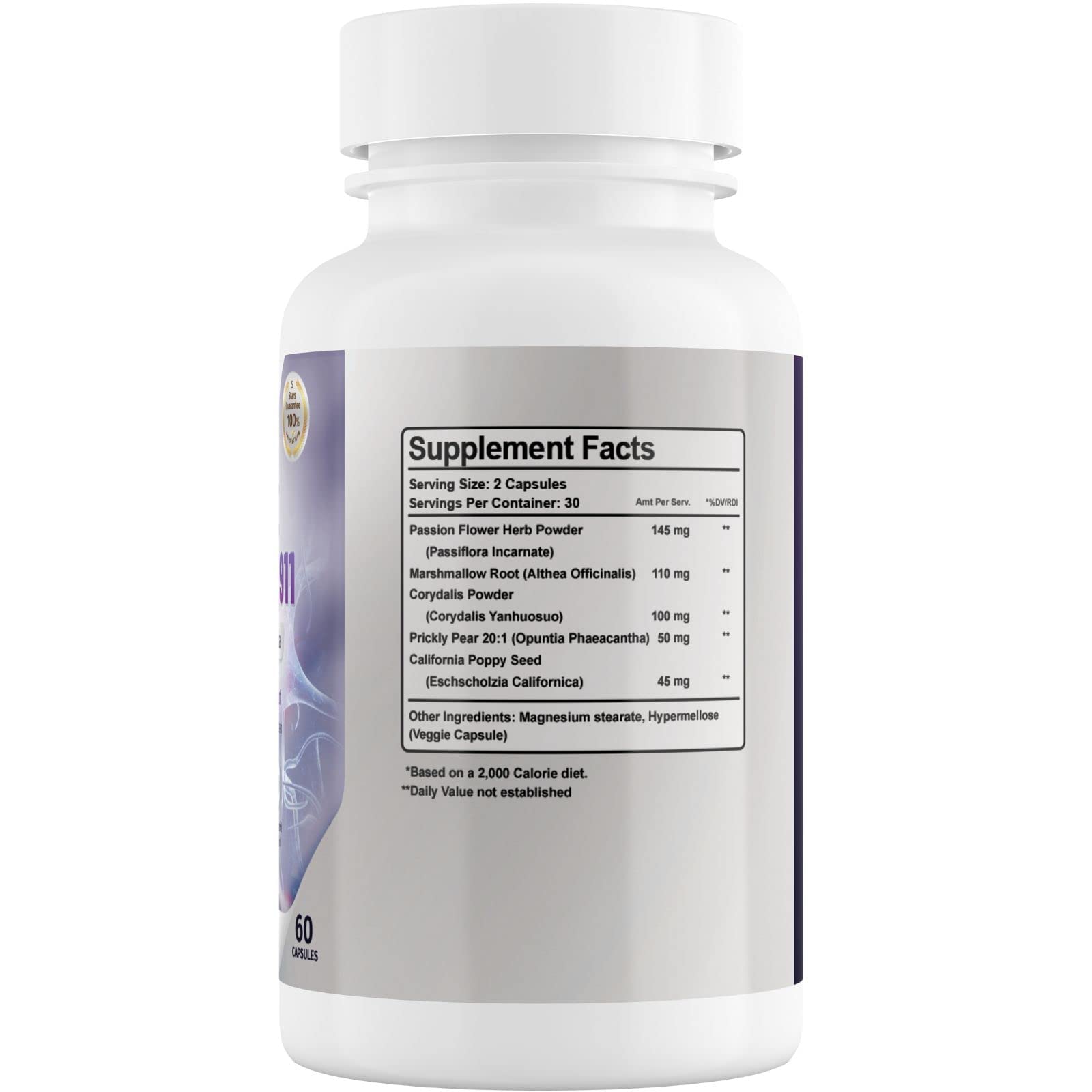 Phytage Labs Nerve Control 911 label close-up highlighting marshmallow root and passionflower ingredients for nerve support.