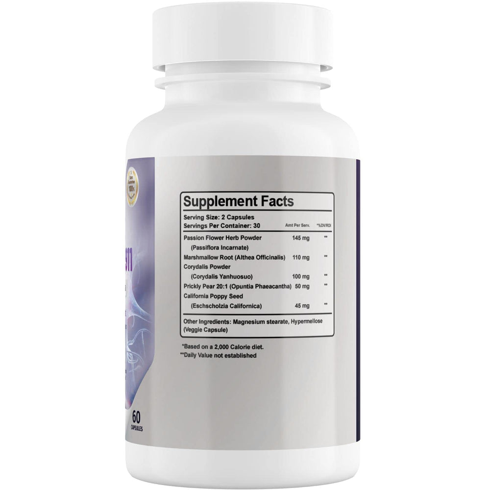 Phytage Labs Nerve Control 911 label close-up highlighting marshmallow root and passionflower ingredients for nerve support.