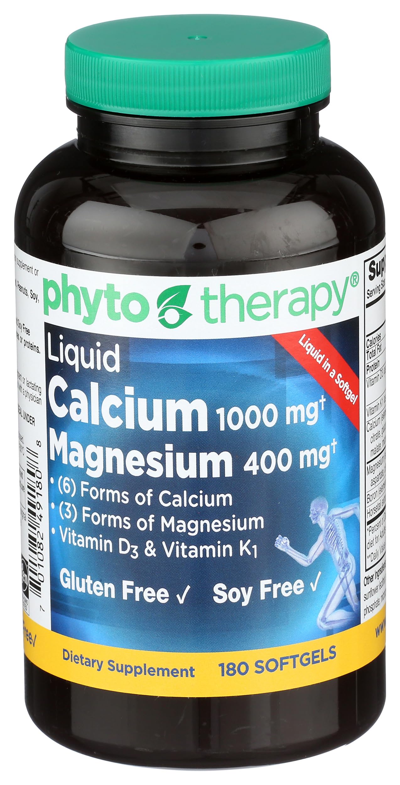 Phyto-Therapy liquid calcium softgels bottle shows 1000 mg calcium per serving for bone support.