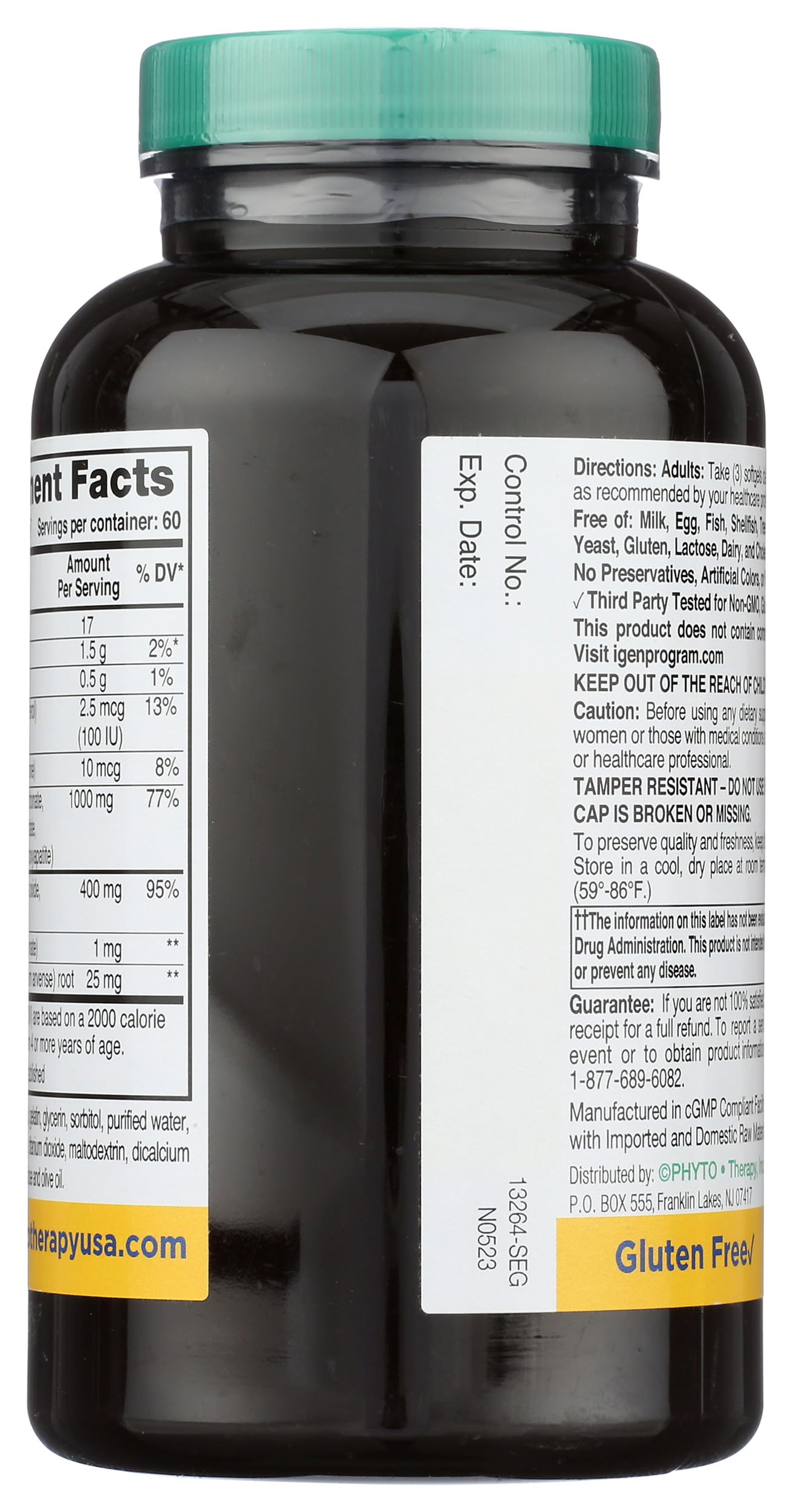 Phyto-Therapy liquid calcium softgels label closeup highlighting magnesium and vitamins D3 and K1.
