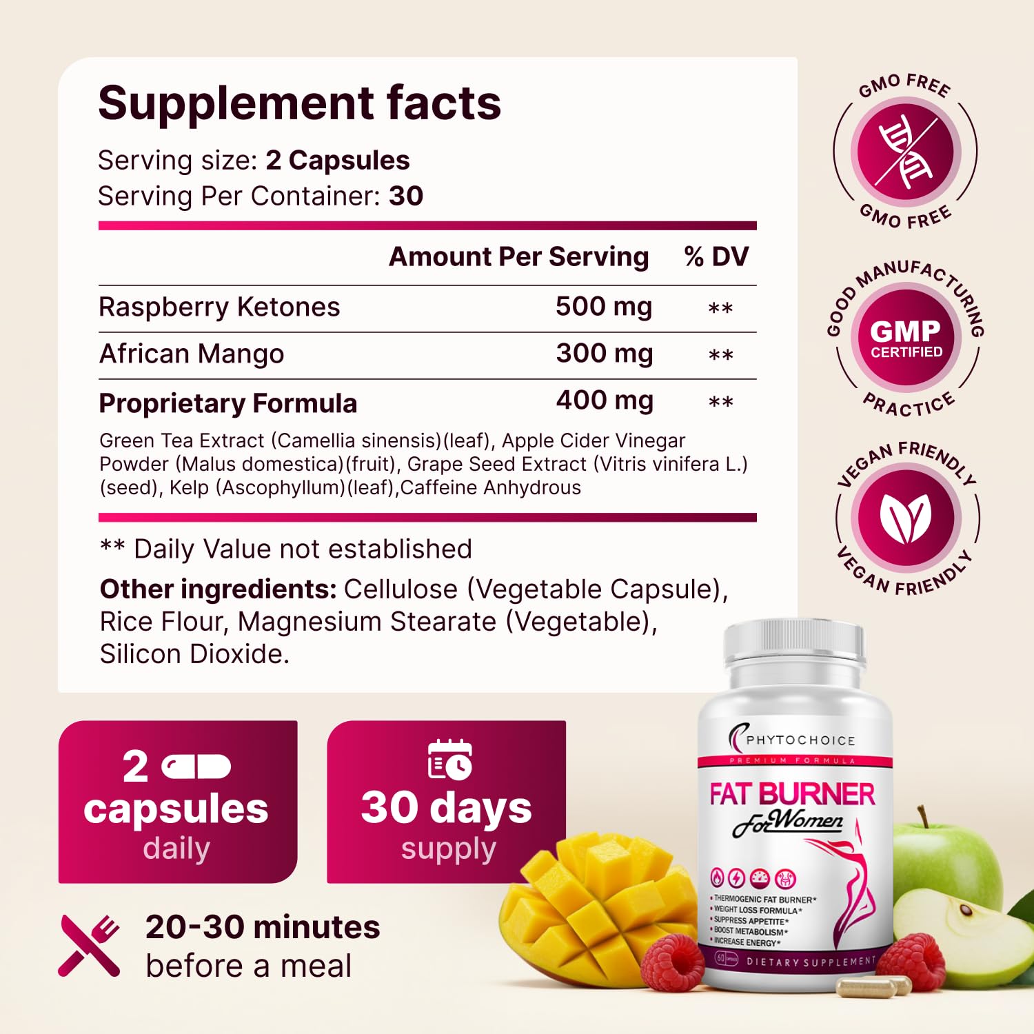 PHYTOCHOICE appetite suppressant capsules on blister pack aid cravings control.